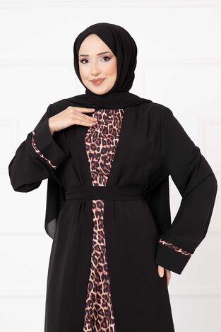 Leopar Desen İkili Abaya Takım Siyah - Thumbnail