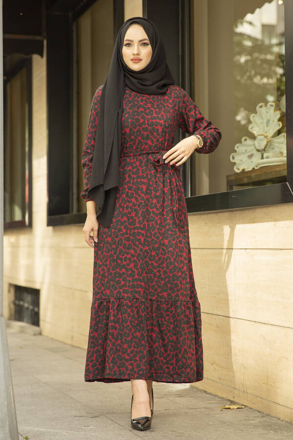 NY - Leopar Desen Kaşkorse Elbise 120NY2000 Bordo