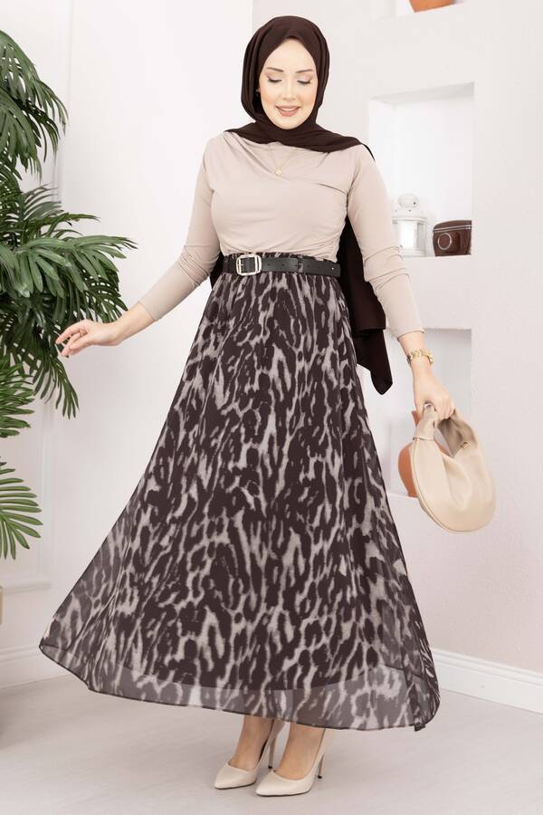 Leopar Desen Kemerli Şifon Etek Kahve - 3