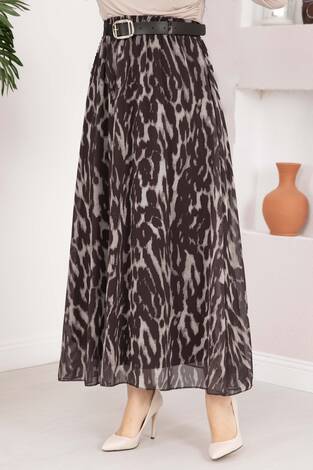 Leopar Desen Kemerli Şifon Etek Kahve - Thumbnail