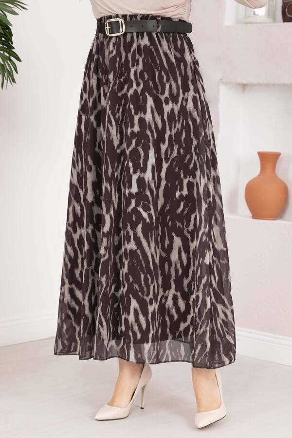 Ums - Leopar Desen Kemerli Şifon Etek Kahve (1)