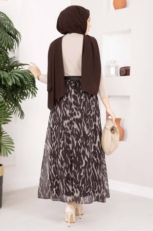 Leopar Desen Kemerli Şifon Etek Kahve - Thumbnail