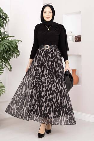 Leopar Desen Kemerli Şifon Etek Siyah - Thumbnail