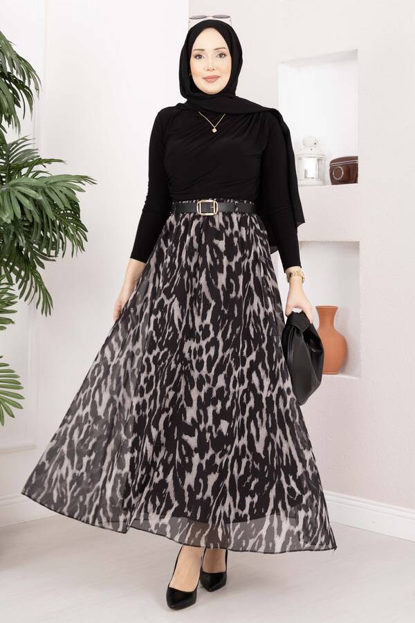 Ums - Leopar Desen Kemerli Şifon Etek Siyah