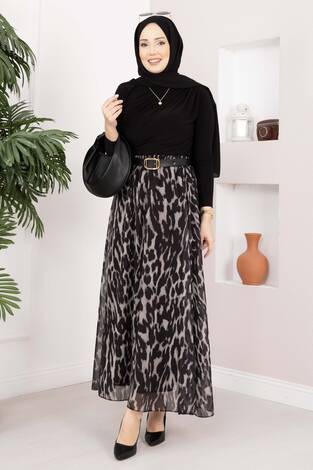 Leopar Desen Kemerli Şifon Etek Siyah - Thumbnail