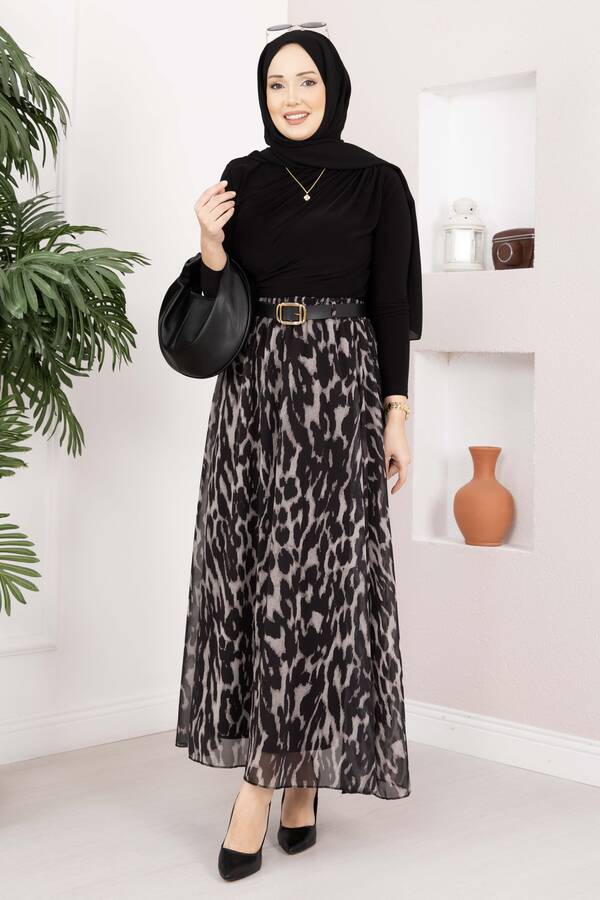 Leopar Desen Kemerli Şifon Etek Siyah - 4