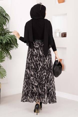 Leopar Desen Kemerli Şifon Etek Siyah - Thumbnail