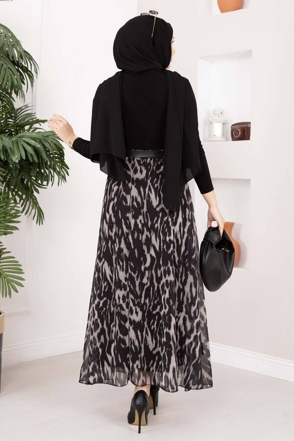 Leopar Desen Kemerli Şifon Etek Siyah - 5