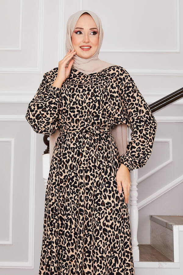 Msk - Leopar Desen Kuşaklı Bürümcük Tesettür Elbise -3 (1)