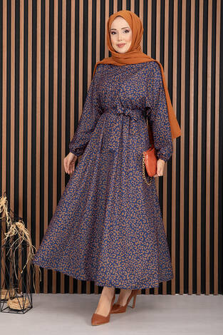 Leopar Desen Kuşaklı Tesettür Elbise Lacivert - Thumbnail