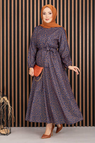 Leopar Desen Kuşaklı Tesettür Elbise Lacivert - Thumbnail