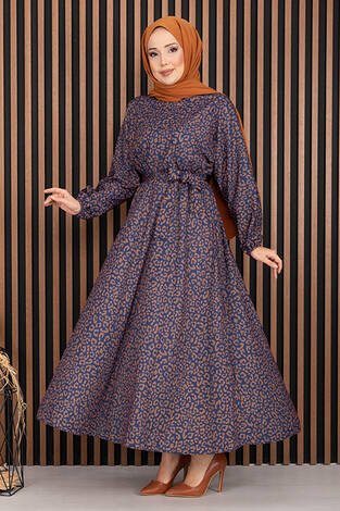 Leopar Desen Kuşaklı Tesettür Elbise Lacivert - Thumbnail