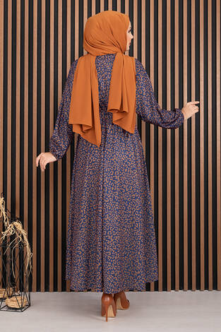 Leopar Desen Kuşaklı Tesettür Elbise Lacivert - Thumbnail