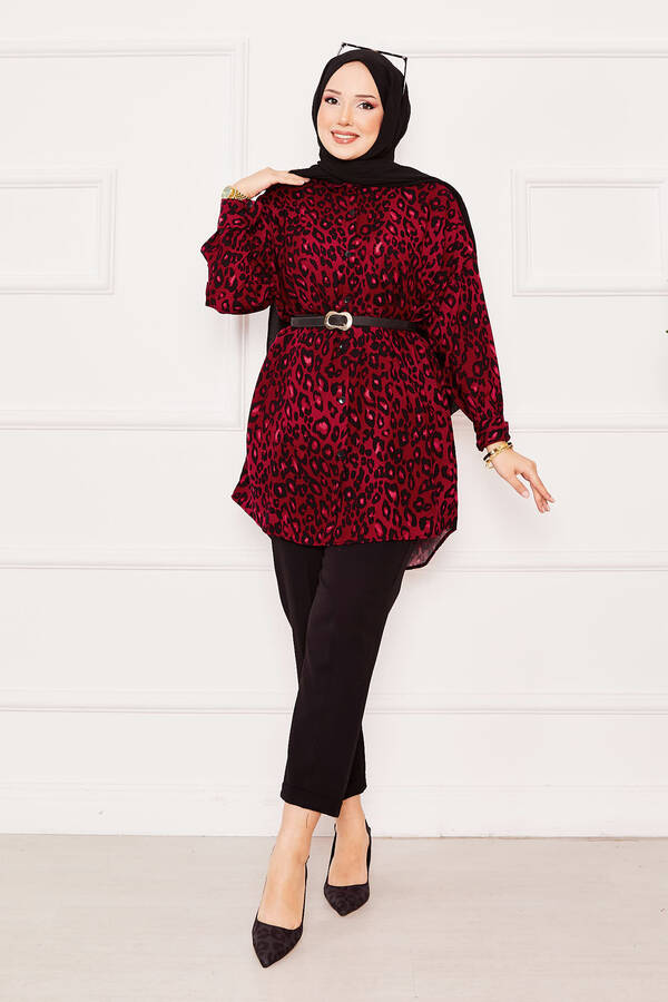 Leopar Desen Viskon Tunik Bordo Leopar Desen Viskon Tunik Bordo