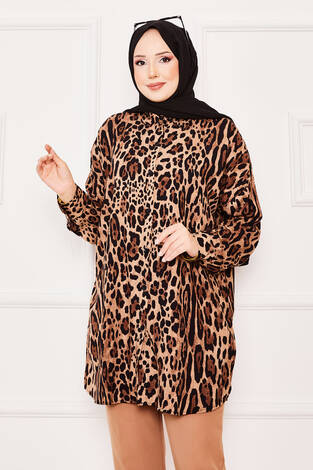 Leopar Desen Viskon Tunik Kahve - Thumbnail