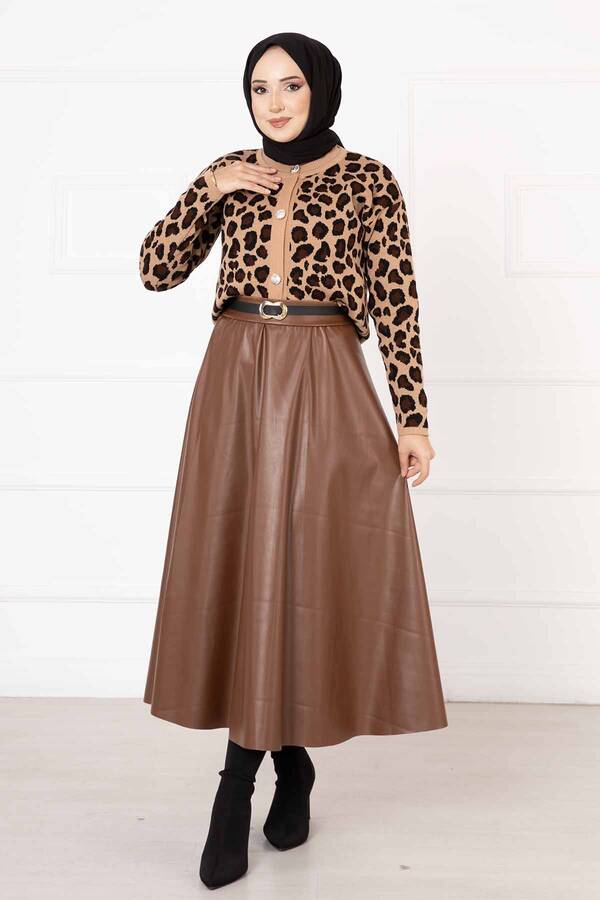 Leopar Desenli Crop Hırka Camel