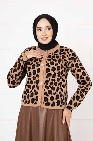 Leopar Desenli Crop Hırka Camel - Thumbnail