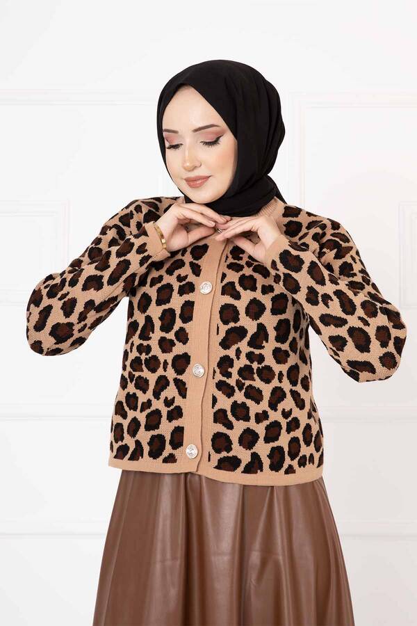 No - Leopar Desenli Crop Hırka Camel (1)