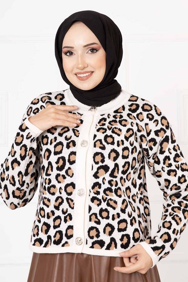 No - Leopar Desenli Crop Hırka Ekru (1)