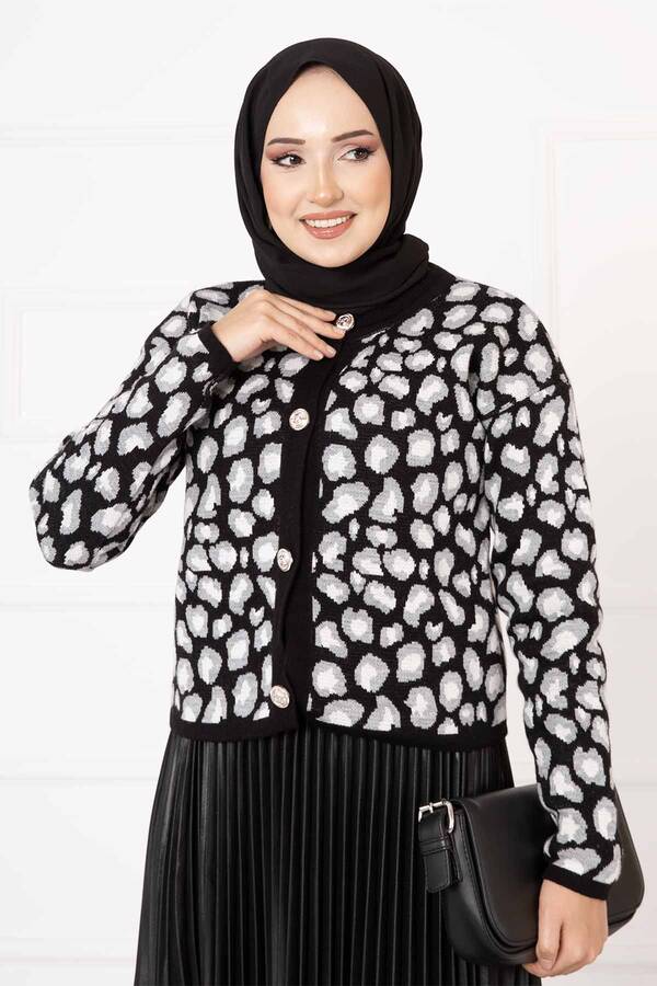 No - Leopar Desenli Crop Hırka Siyah (1)
