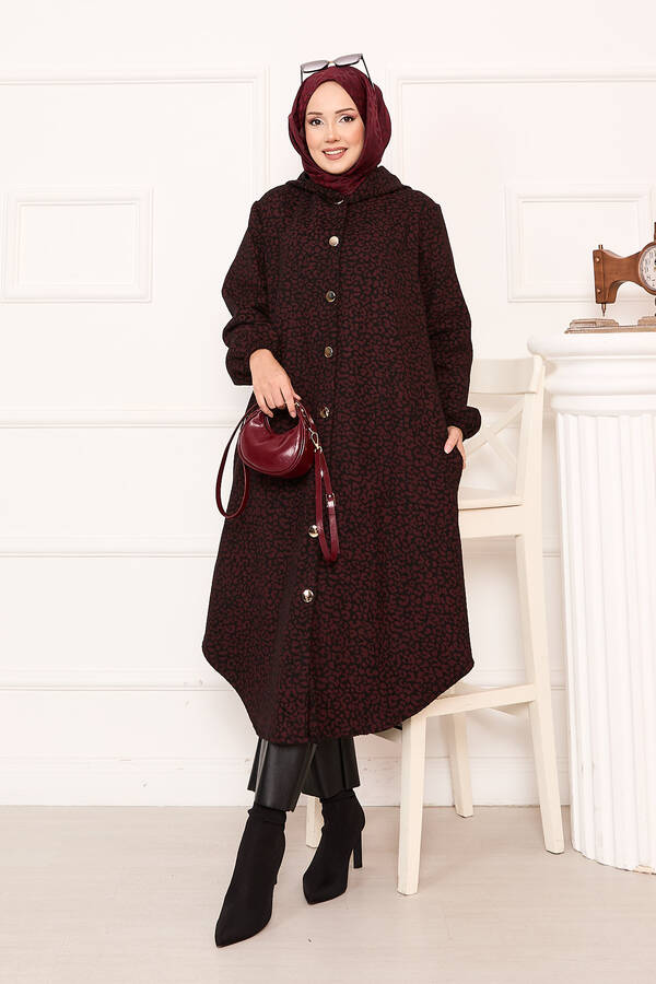 Leopar Desenli Düğmeli Kaşe Kap Bordo - 3