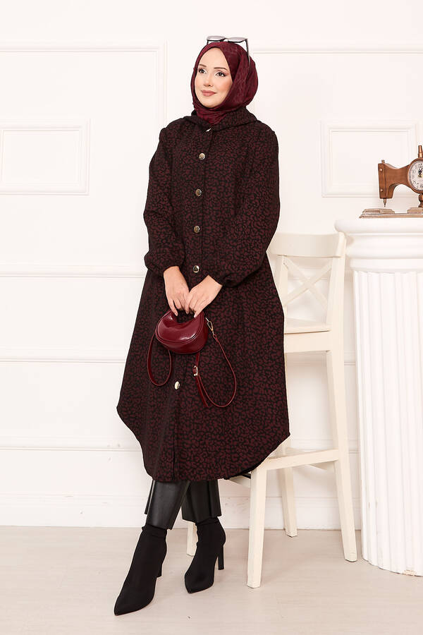 Leopar Desenli Düğmeli Kaşe Kap Bordo - 4