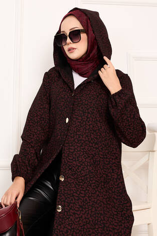 Leopar Desenli Düğmeli Kaşe Kap Bordo - Thumbnail