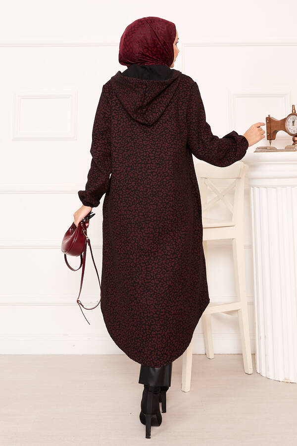 Leopar Desenli Düğmeli Kaşe Kap Bordo - 7