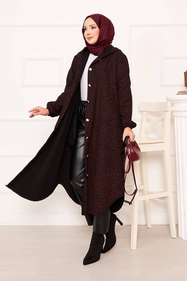 Leopar Desenli Düğmeli Kaşe Kap Bordo - 6