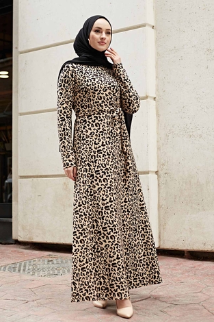 Leopar Desenli Elbise 190E-4527 Vizon - Thumbnail