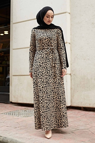 Leopar Desenli Elbise 190E-4527 Vizon - Thumbnail