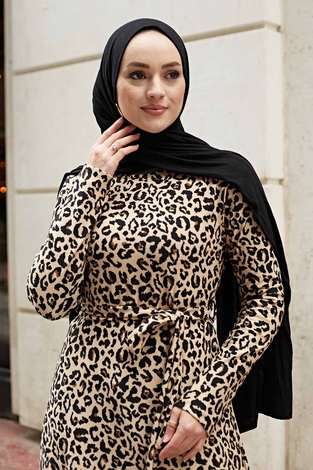 Leopar Desenli Elbise 190E-4527 Vizon - Thumbnail