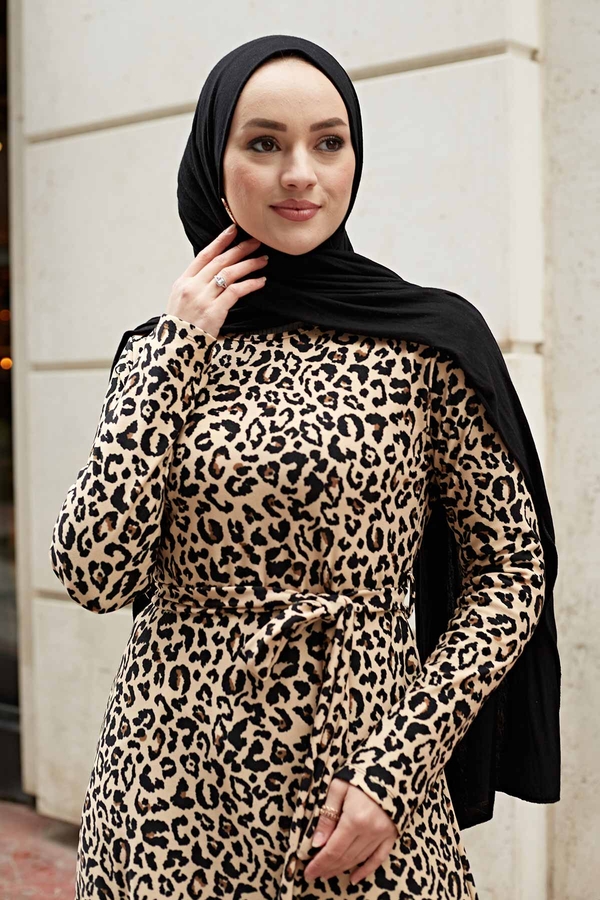 E - Leopar Desenli Elbise 190E-4527 Vizon (1)