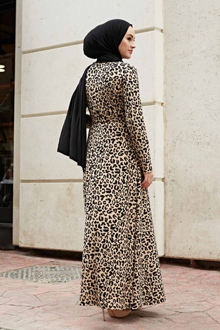 Leopar Desenli Elbise 190E-4527 Vizon - Thumbnail