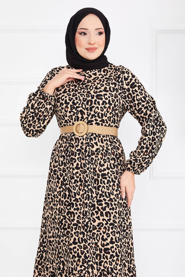 Msk - Leopar Desenli Kemerli Bürümcük Tesettür Elbise -3 (1)