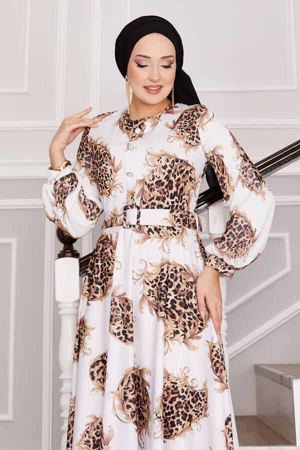 Frh - Leopar Detaylı Tesettür Elbise Beyaz (1) Frh - Leopar Detaylı Tesettür Elbise Beyaz (1)