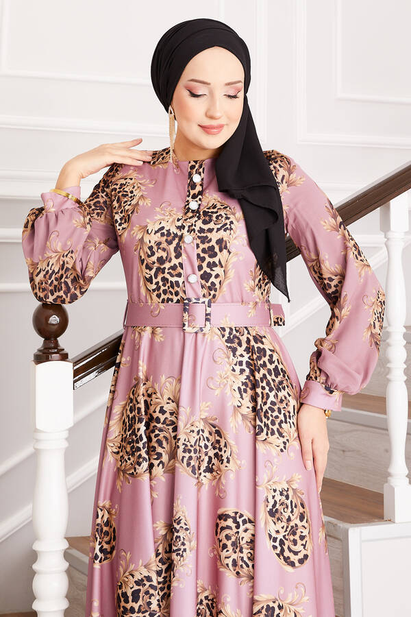 Frh - Leopar Detaylı Tesettür Elbise Gülkurusu (1) Frh - Leopar Detaylı Tesettür Elbise Gülkurusu (1)
