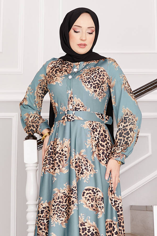 Frh - Leopar Detaylı Tesettür Elbise Mint (1) Frh - Leopar Detaylı Tesettür Elbise Mint (1)