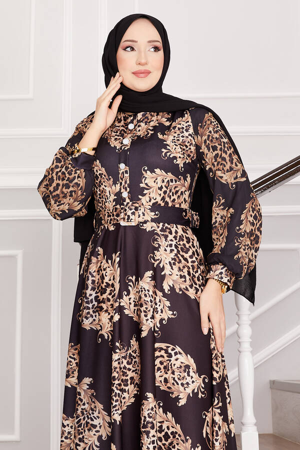 Frh - Leopar Detaylı Tesettür Elbise Siyah (1) Frh - Leopar Detaylı Tesettür Elbise Siyah (1)