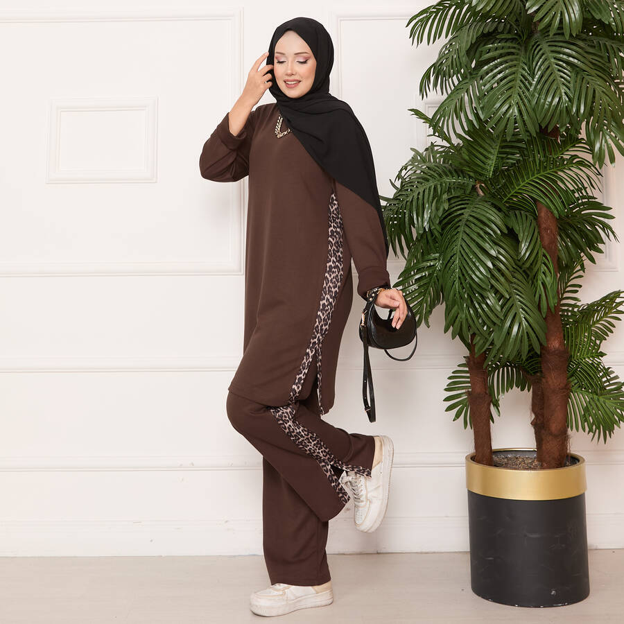 Leopar Şeritli Yırtmaçlı Oyşo Takım Kahve - 3