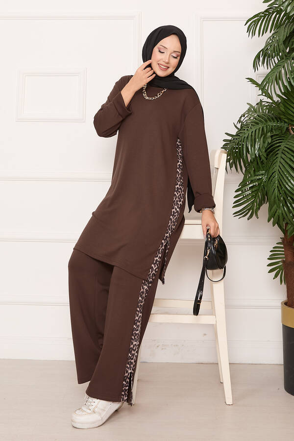 Leopar Şeritli Yırtmaçlı Oyşo Takım Kahve - 5
