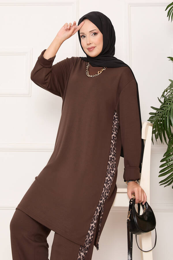 Leopar Şeritli Yırtmaçlı Oyşo Takım Kahve - 6