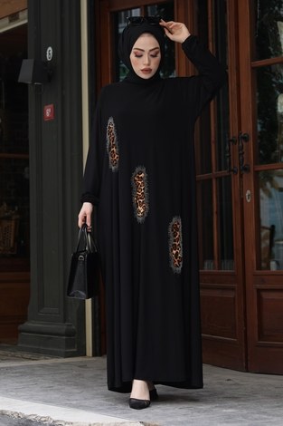 Leopar Taş İşlemeli Tesettür Ferace Elbise 16310-1 Siyah - Thumbnail