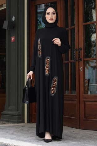 Leopar Taş İşlemeli Tesettür Ferace Elbise 16310-1 Siyah - Thumbnail
