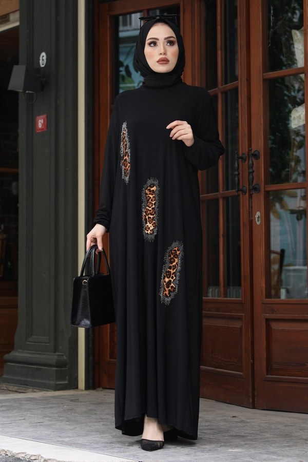 Leopar Taş İşlemeli Tesettür Ferace Elbise 16310-1 Siyah