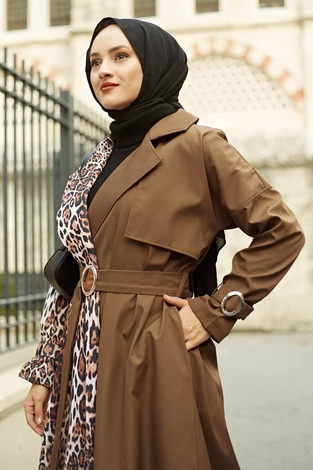 Leopard Patterned TrenchCoat 100MD2647 Tan - Thumbnail