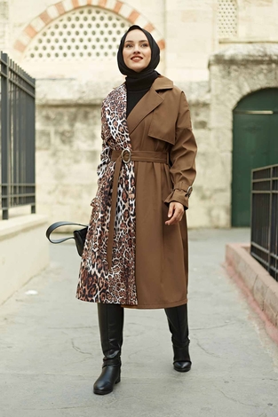Leopard Patterned TrenchCoat 100MD2647 Tan - Thumbnail