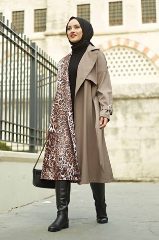 Leopard Patterned TrenchCoat 100MD2647 Beige - Thumbnail