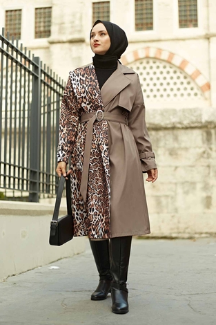 Leopard Patterned TrenchCoat 100MD2647 Beige - Thumbnail