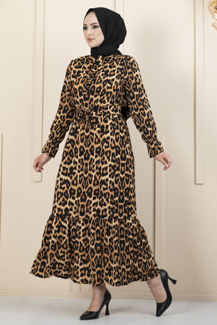 Leoparlı Kravat Detaylı Tesettür Elbise Siyah - Thumbnail